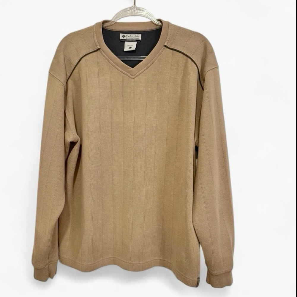 Columbia Tan Khaki Pullover Ribbed V Neck Long Sleeve Cotton Sweater Size Large